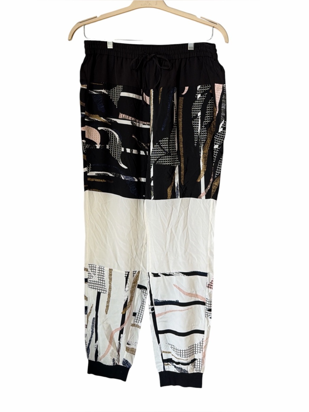 Tibi 100% Silk Black Pink & White Abstract Print Jogger Pants Casual Loungewear